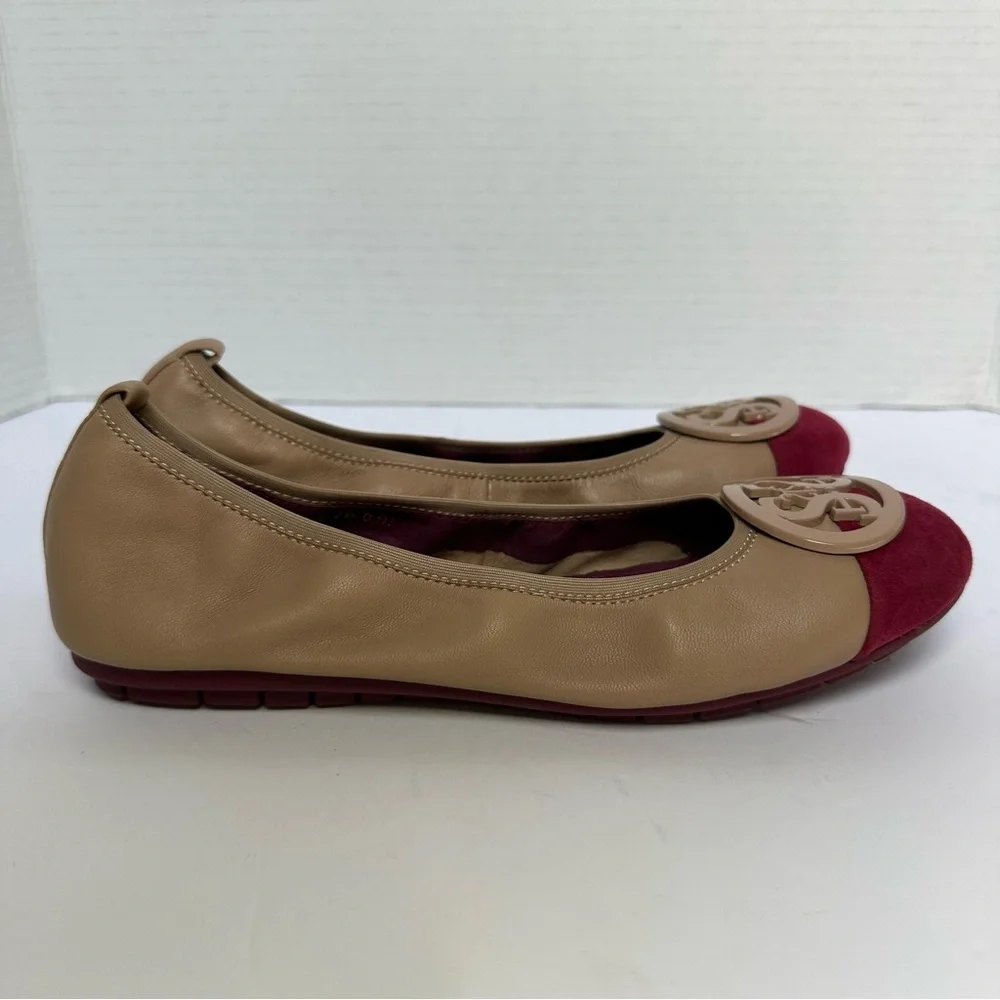 Staccato Women's Tan and Burgundy Ballet Flats w/Logo on Cap Toe- Size 23.5/ 7.5